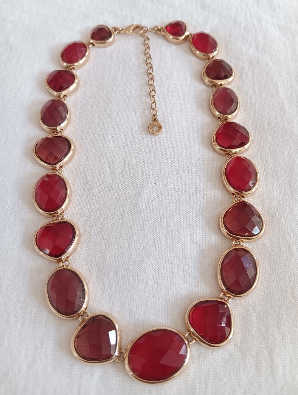 Gold-Tone Red Gemstone Statement Necklace 18" W/Adjustable Chan.